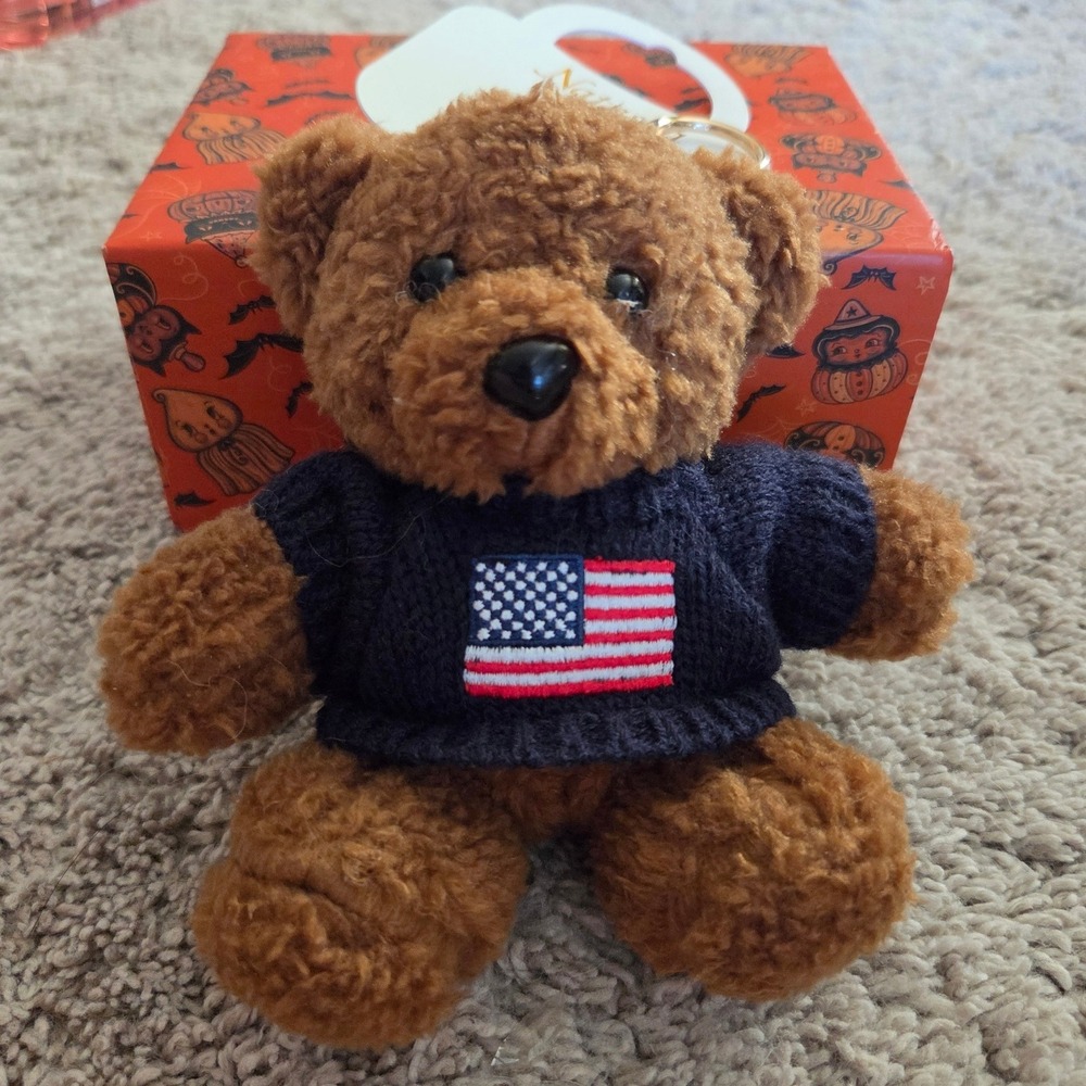 Natasha Teddy Bear Keychain OS Brown New American Flag Sweater Charm